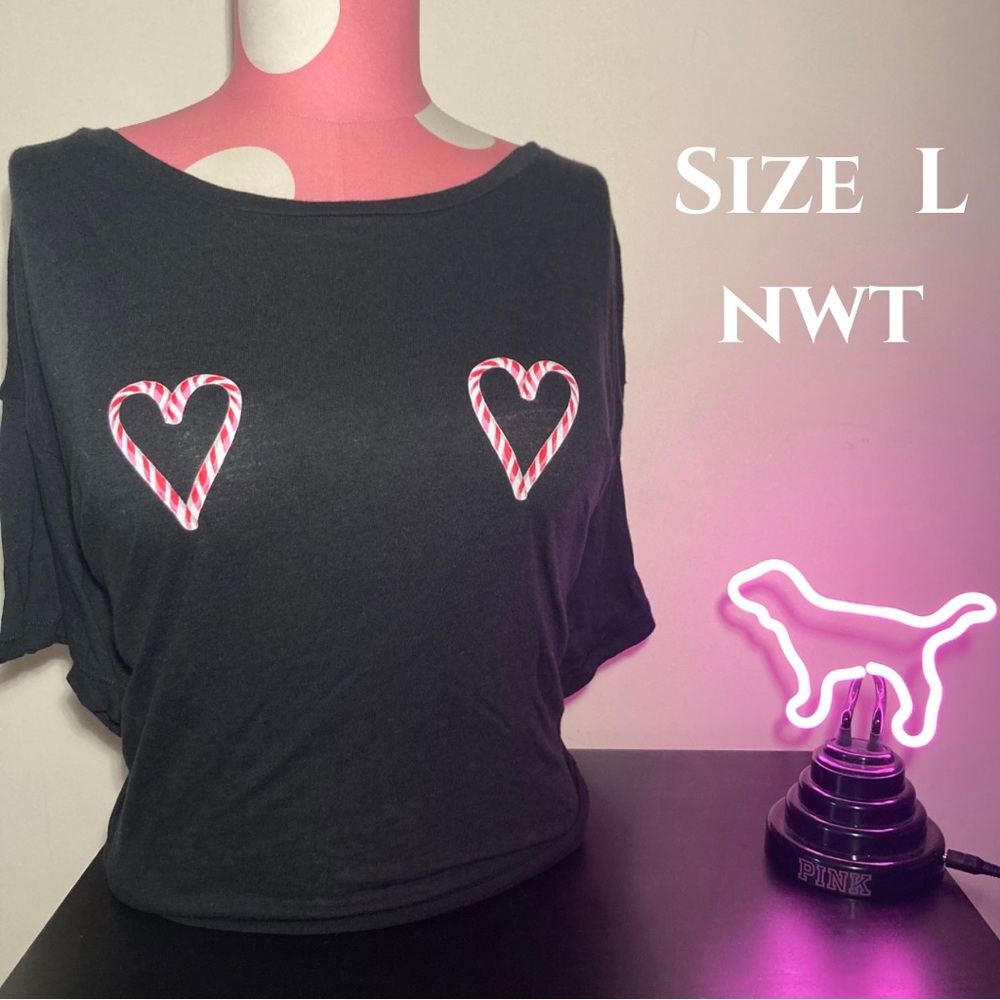 Victoria’s Secret Pink Santa Candy Cane Heart Shirt Crop Top Size Large vspink
